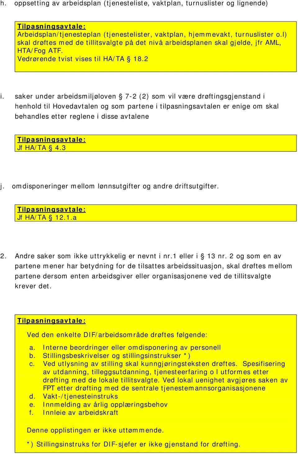 saker under arbeidsmiljøloven 7-2 (2) som vil være drøftingsgjenstand i henhold til Hovedavtalen og som partene i tilpasningsavtalen er enige om skal behandles etter reglene i disse avtalene Jf HA/TA