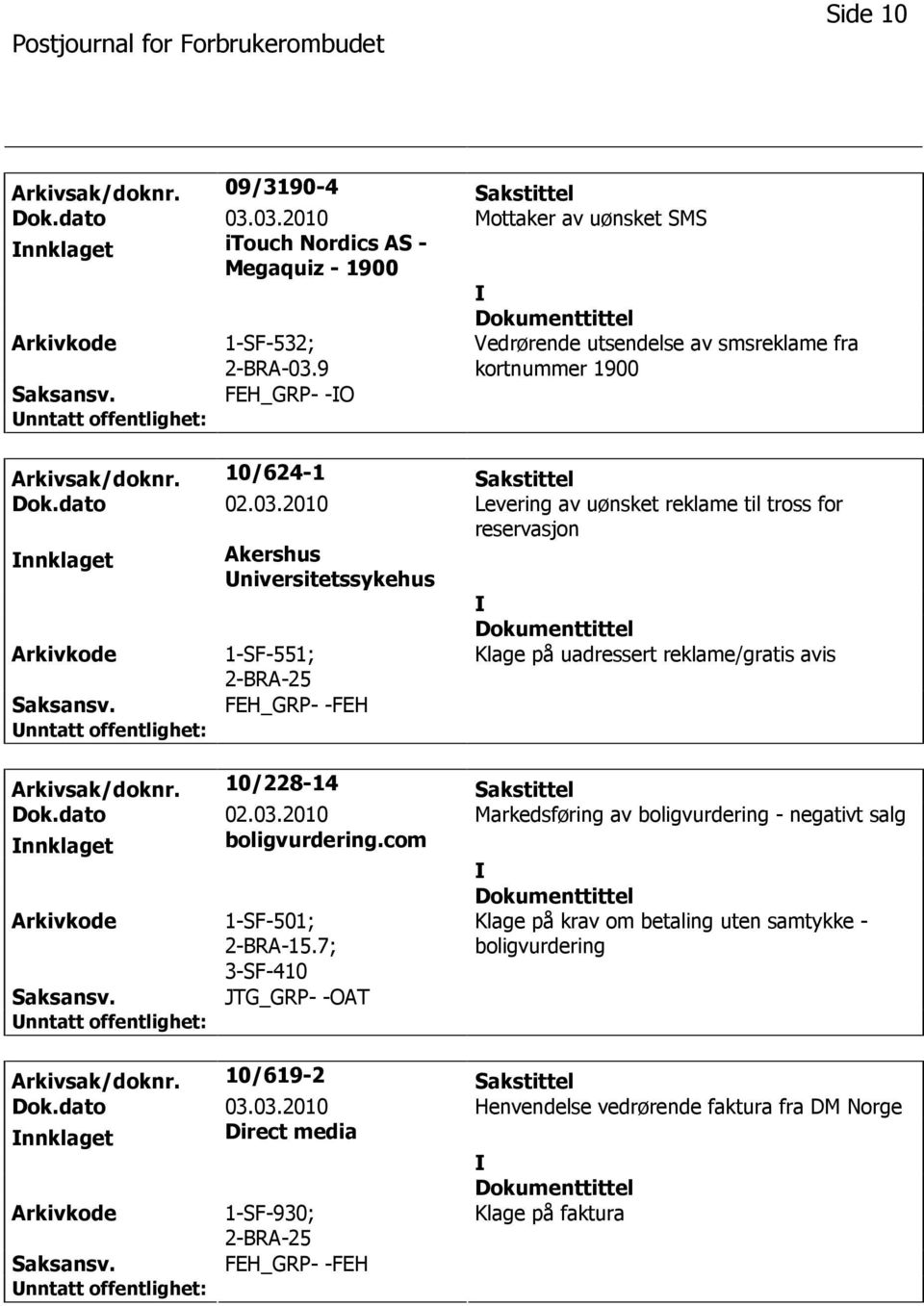 2010 Levering av uønsket reklame til tross for reservasjon nnklaget Akershus niversitetssykehus 1-SF-551; Klage på uadressert reklame/gratis avis FEH_GRP- -FEH Arkivsak/doknr.