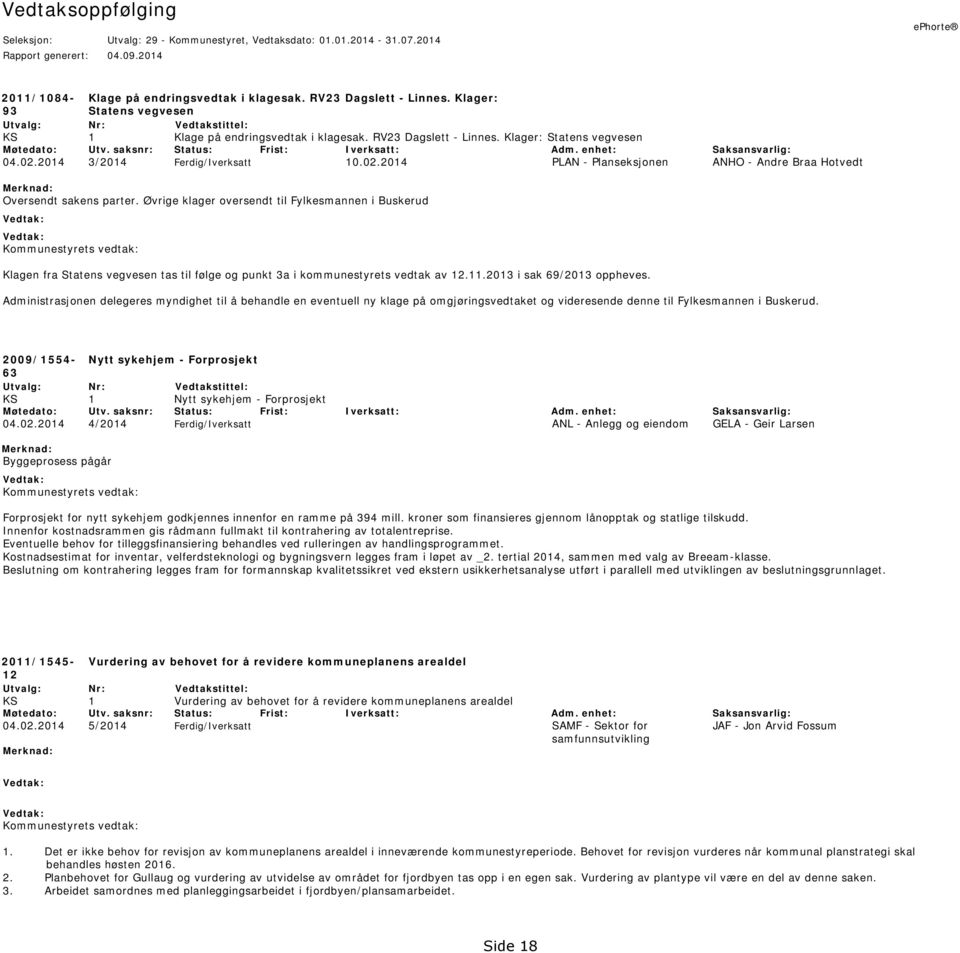 enhet: Saksansvarlig: 04.02.2014 3/2014 Ferdig/Iverksatt 10.02.2014 PLAN - Planseksjonen ANHO - Andre Braa Hotvedt Merknad: Oversendt sakens parter.