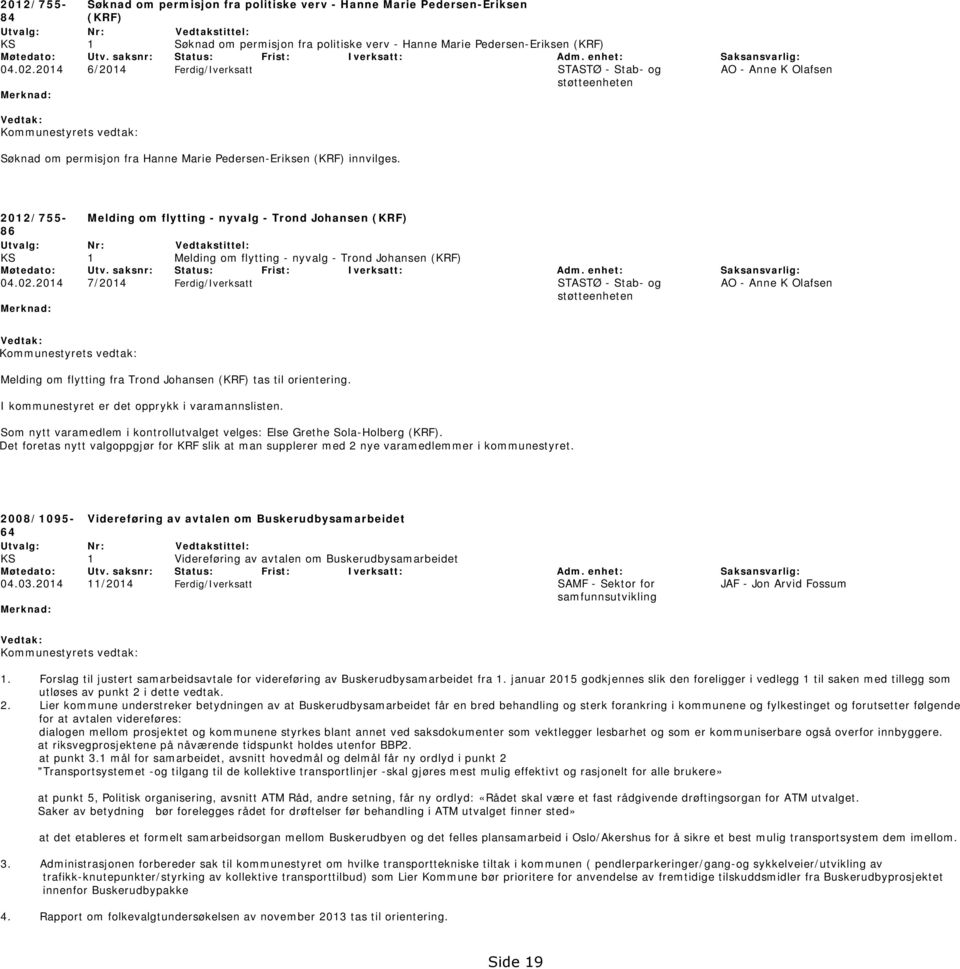 2014 6/2014 Ferdig/Iverksatt STASTØ - Stab- og AO - Anne K Olafsen støtteenheten Merknad: Vedtak: Kommunestyrets vedtak: Søknad om permisjon fra Hanne Marie Pedersen-Eriksen (KRF) innvilges.