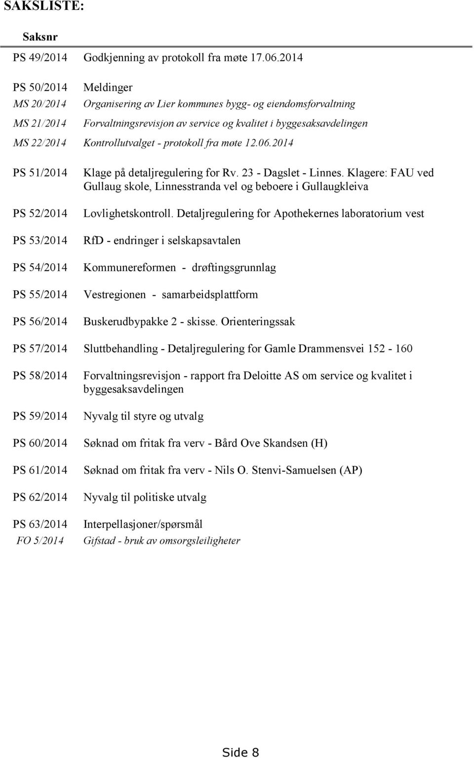 Kontrollutvalget - protokoll fra møte 12.06.2014 PS 51/2014 PS 52/2014 PS 53/2014 PS 54/2014 PS 55/2014 PS 56/2014 Klage på detaljregulering for Rv. 23 - Dagslet - Linnes.