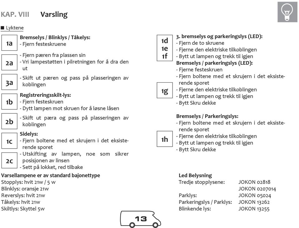 boltene med et skrujern i det eksisterende sporet - Utskifting av lampen, noe som sikrer posisjonen av linsen - Sett på lokket, red tilbake 1d 1e 1f 1g 1h 3.