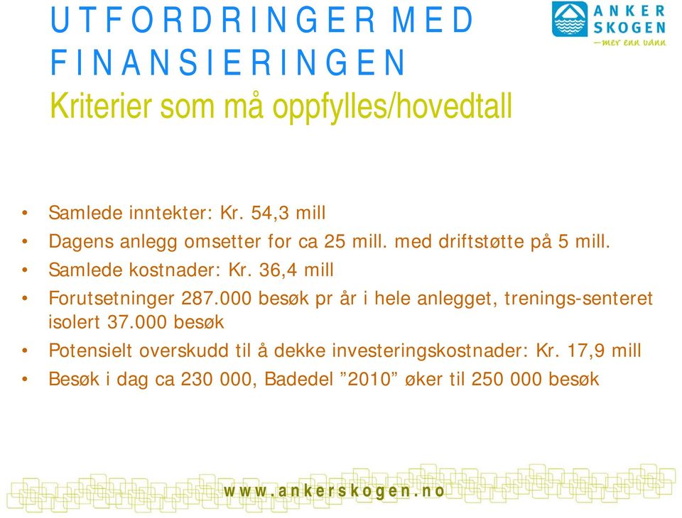 36,4 mill Forutsetninger 287.000 besøk pr år i hele anlegget, trenings-senteret isolert 37.