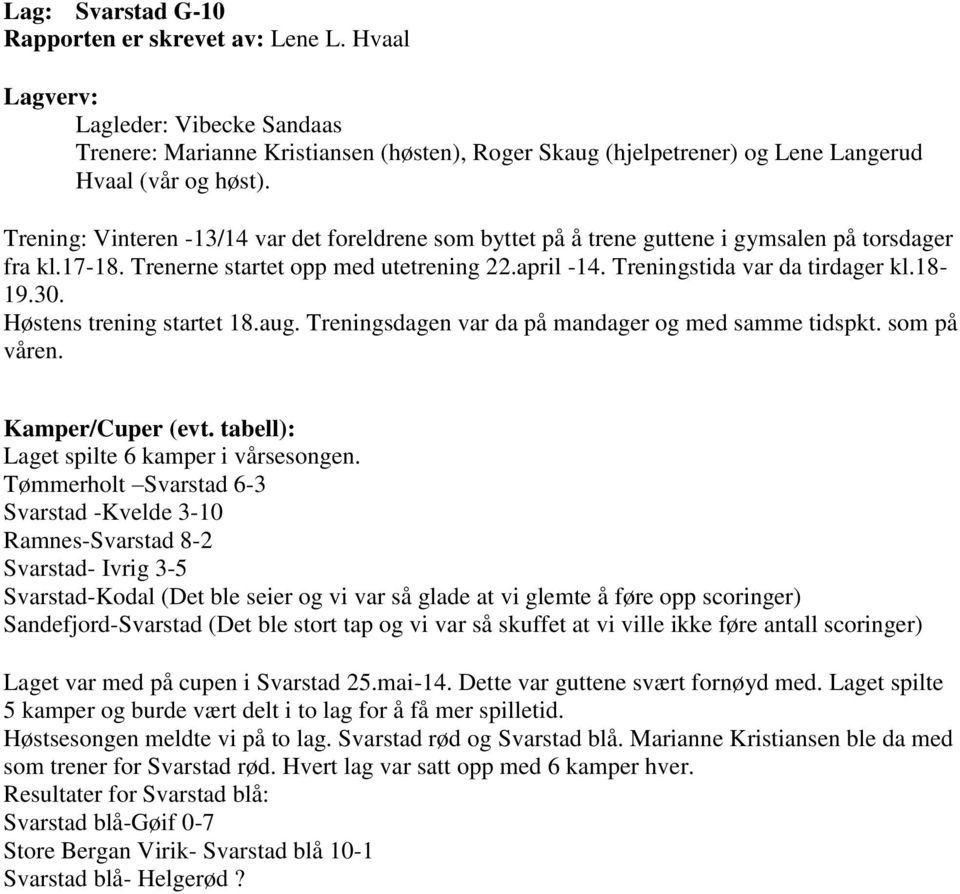 30. Høstens trening startet 18.aug. Treningsdagen var da på mandager og med samme tidspkt. som på våren. Kamper/Cuper (evt. tabell): Laget spilte 6 kamper i vårsesongen.