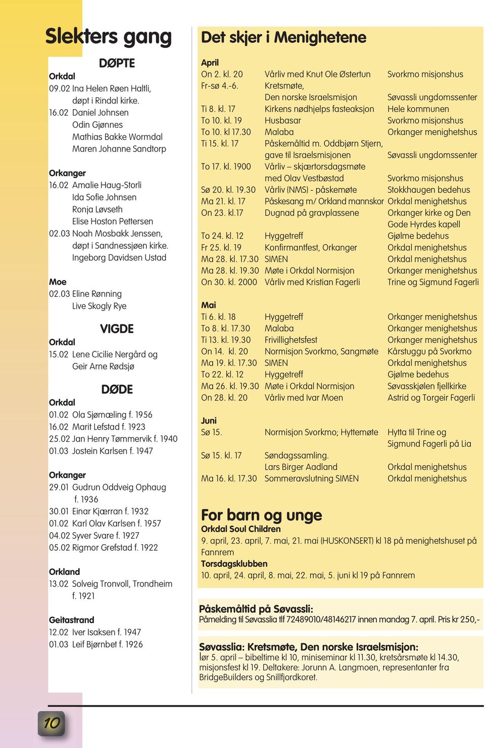 03 Eline Rønning Live Skogly Rye VIGDE Orkdal 15.02 Lene Cicilie Nergård og Geir Arne Rødsjø DØDE Orkdal 01.02 Ola Sjømæling f. 1956 16.02 Marit Lefstad f. 1923 25.02 Jan Henry Tømmervik f. 1940 01.