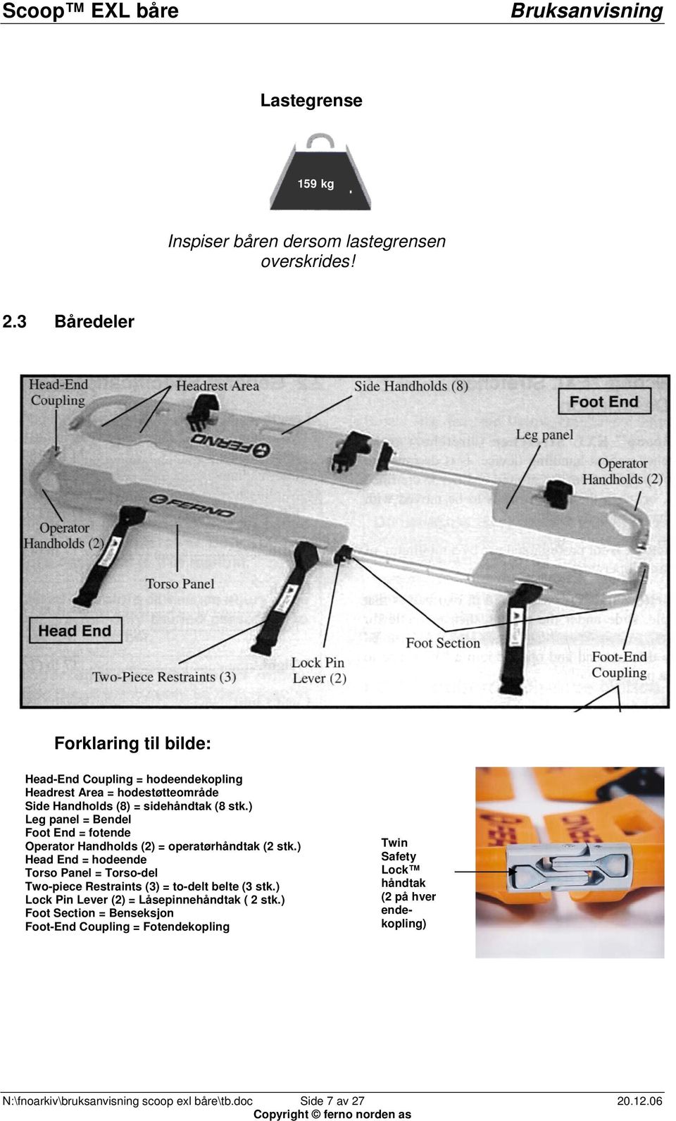 ) Leg panel = Bendel Foot End = fotende Operator Handholds (2) = operatørhåndtak (2 stk.