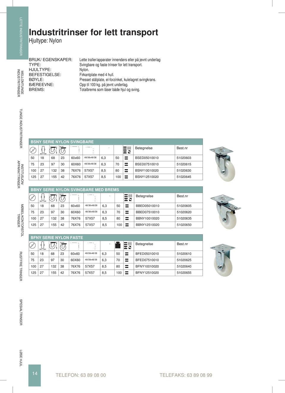 faste trinser for lett transport. nylon. firkantplate med 4 hull. presset stålplate, el-forzinket, kulelagret svingkrans. opp til 100 kg. på jevnt underlag. totalbrems som låser både hjul og sving.