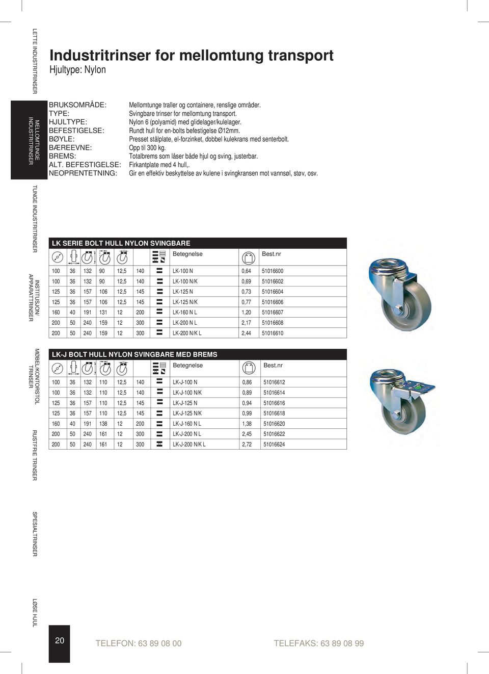 befestigelse: NEOPrENTETNiNg: LK SERIE BOLT HULL NYLON SVINGBARE Mellomtunge traller og containere, renslige områder. Svingbare trinser for mellomtung transport.