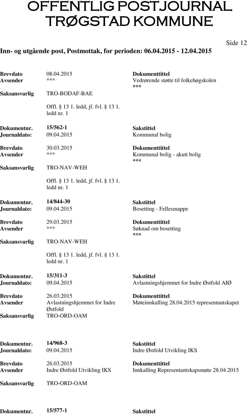 2015 Dokumenttittel Avsender Søknad om bosetting TRO-NAV-WEH Dokumentnr. 15/311-3 Sakstittel Journaldato: 09.04.2015 Avlastningshjemmet for Indre Østfold AIØ Brevdato 26.03.