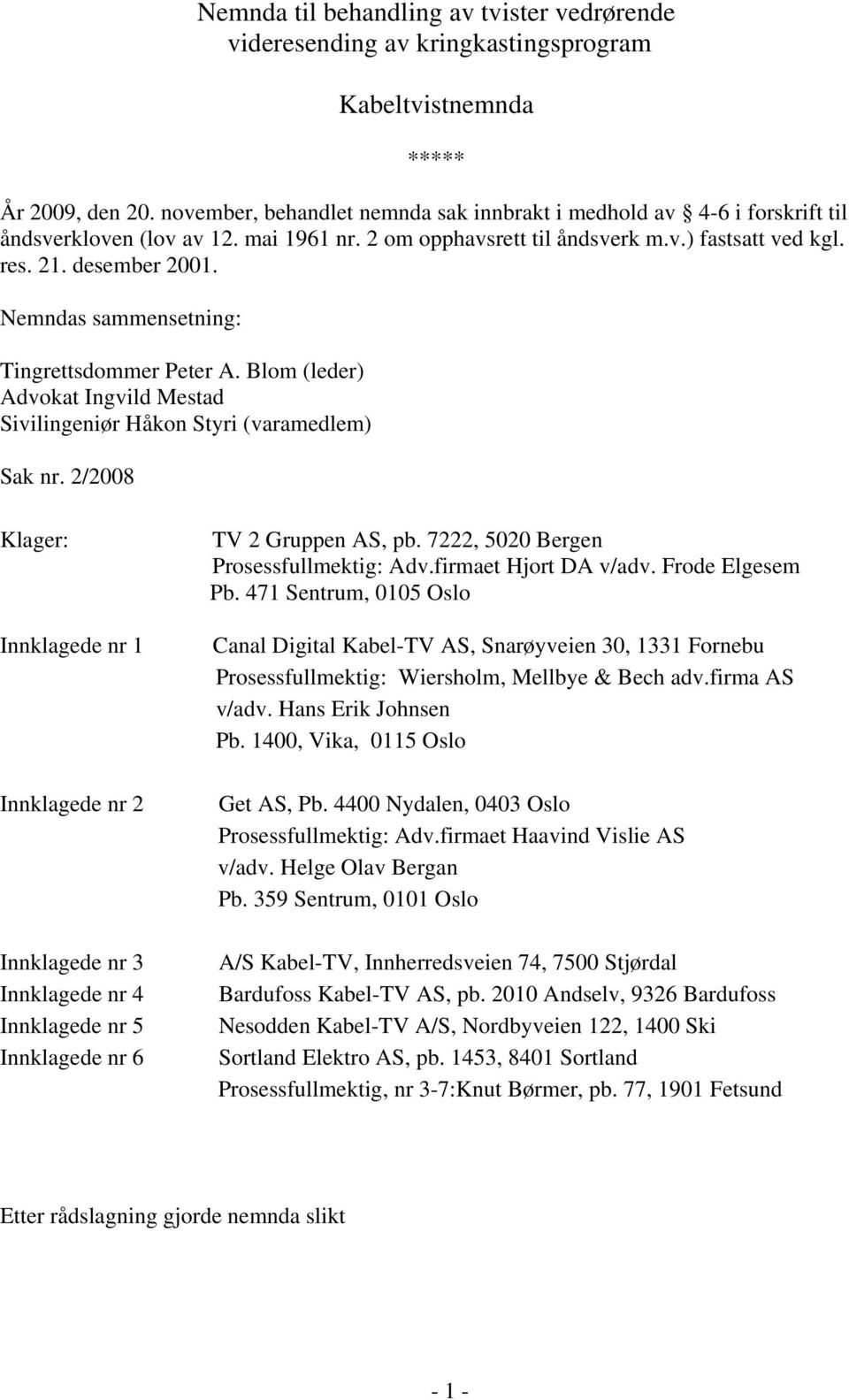 Nemndas sammensetning: Tingrettsdommer Peter A. Blom (leder) Advokat Ingvild Mestad Sivilingeniør Håkon Styri (varamedlem) Sak nr.