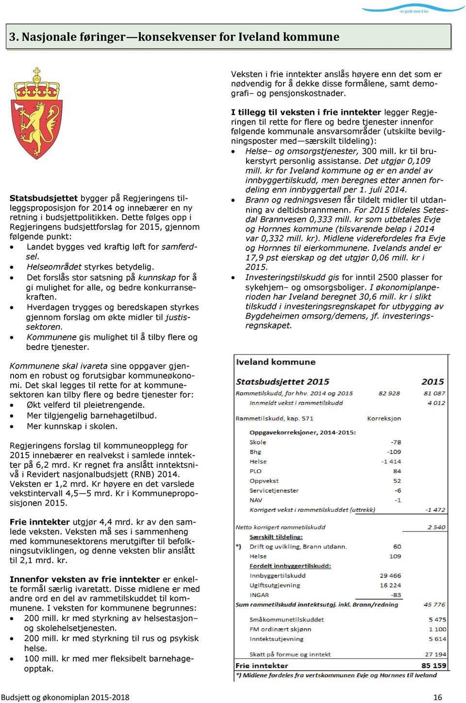 Dette følges opp i Regjeringens budsjettforslag for 2015, gjennom følgende punkt: Landet bygges ved kraftig løft for samferdsel. Helseområdet styrkes betydelig.