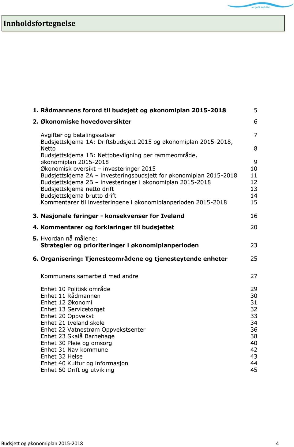 2015-2018 9 Økonomisk oversikt investeringer 2015 10 Budsjettskjema 2A investeringsbudsjett for økonomiplan 2015-2018 11 Budsjettskjema 2B investeringer i økonomiplan 2015-2018 12 Budsjettskjema