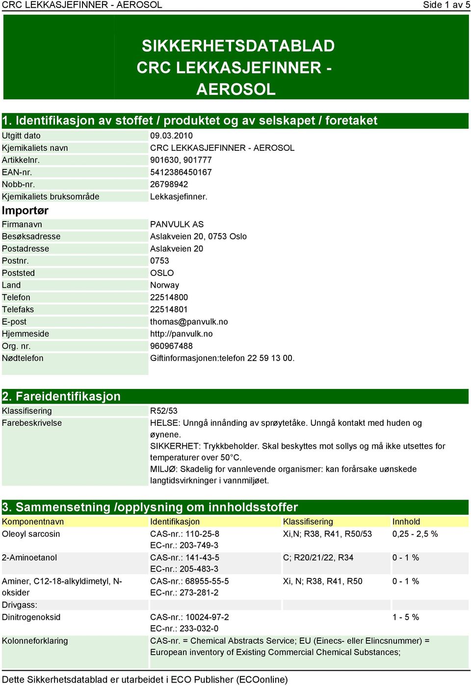 Importør Firmanavn PANVULK AS Besøksadresse Aslakveien 20, 0753 Oslo Postadresse Aslakveien 20 Postnr. 0753 Poststed OSLO Land Norway Telefon 22514800 Telefaks 22514801 E-post thomas@panvulk.