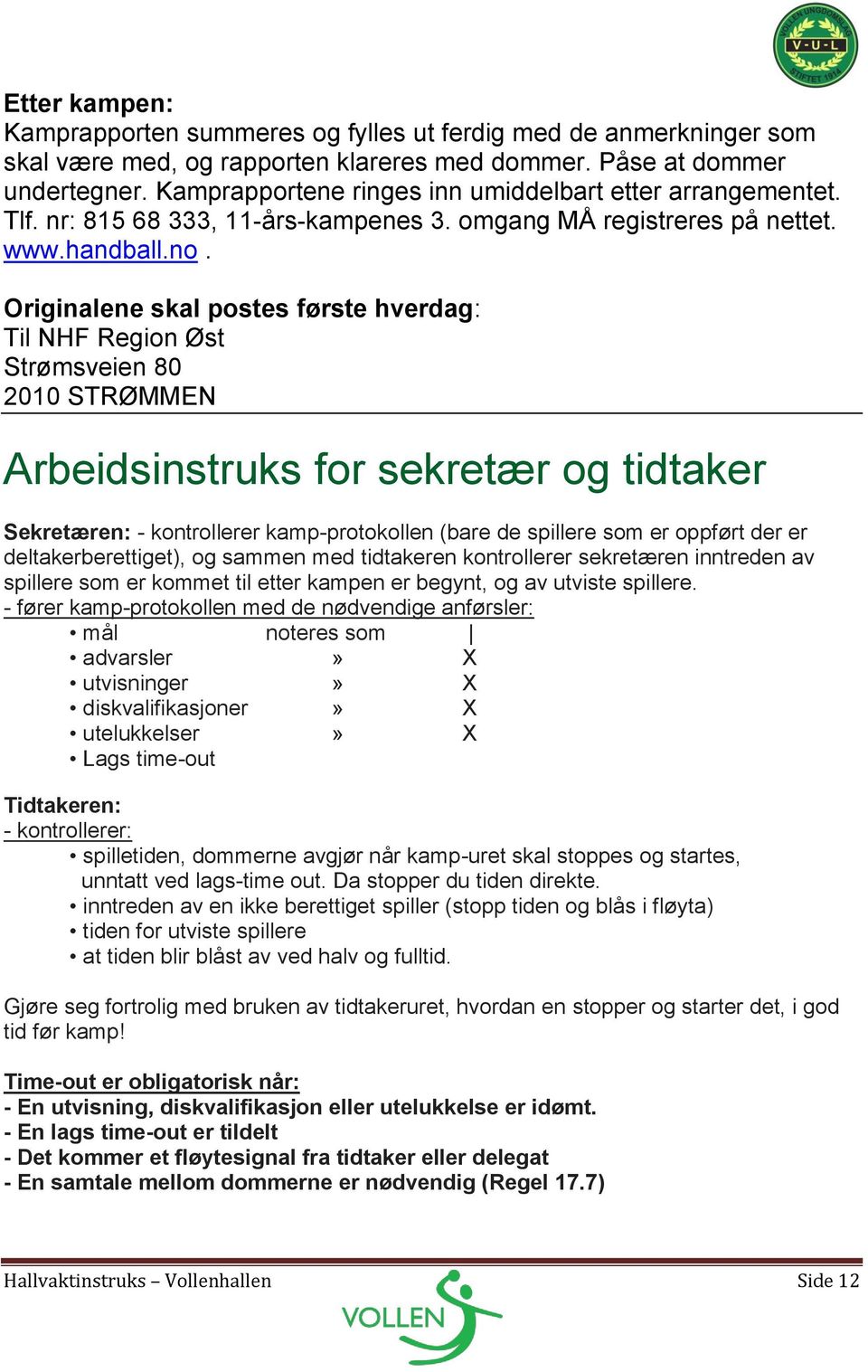 Originalene skal postes første hverdag: Til NHF Region Øst Strømsveien 80 2010 STRØMMEN Arbeidsinstruks for sekretær og tidtaker Sekretæren: - kontrollerer kamp-protokollen (bare de spillere som er