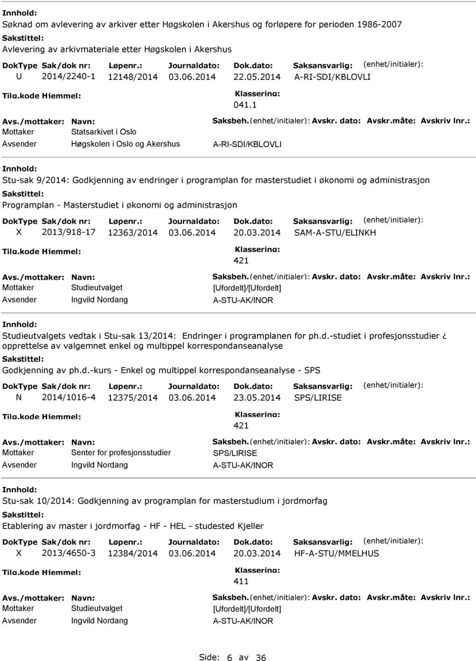 1 Mottaker Statsarkivet i Oslo Høgskolen i Oslo og Akershus A-R-SD/KBLOVL Stu-sak 9/2014: Godkjenning av endringer i programplan for masterstudiet i økonomi og administrasjon Programplan -