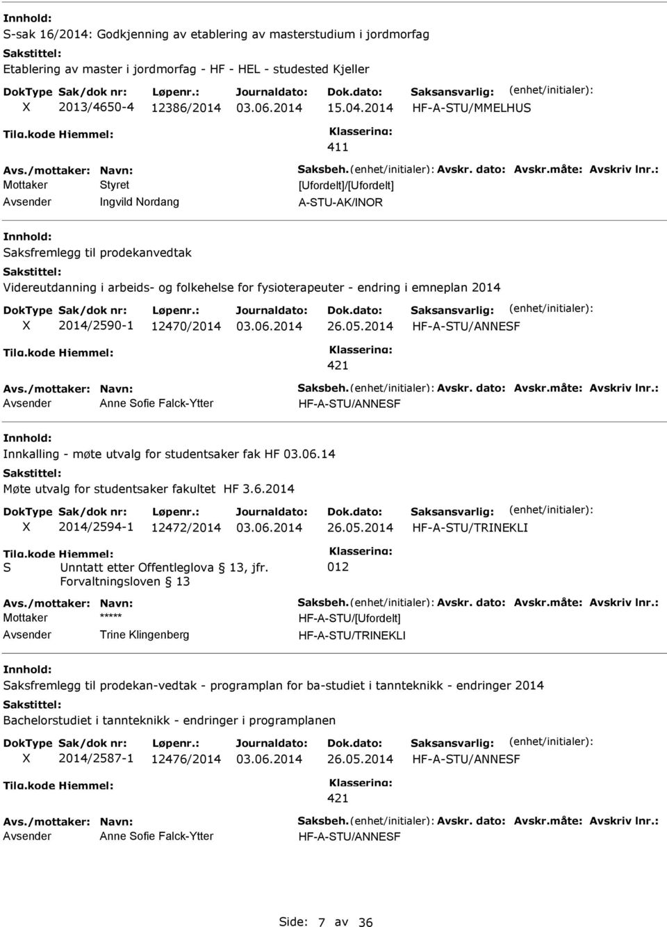 emneplan 2014 2014/2590-1 12470/2014 26.05.2014 HF-A-ST/ANNESF 421 Anne Sofie Falck-Ytter HF-A-ST/ANNESF nnkalling - møte utvalg for studentsaker fak HF 03.06.