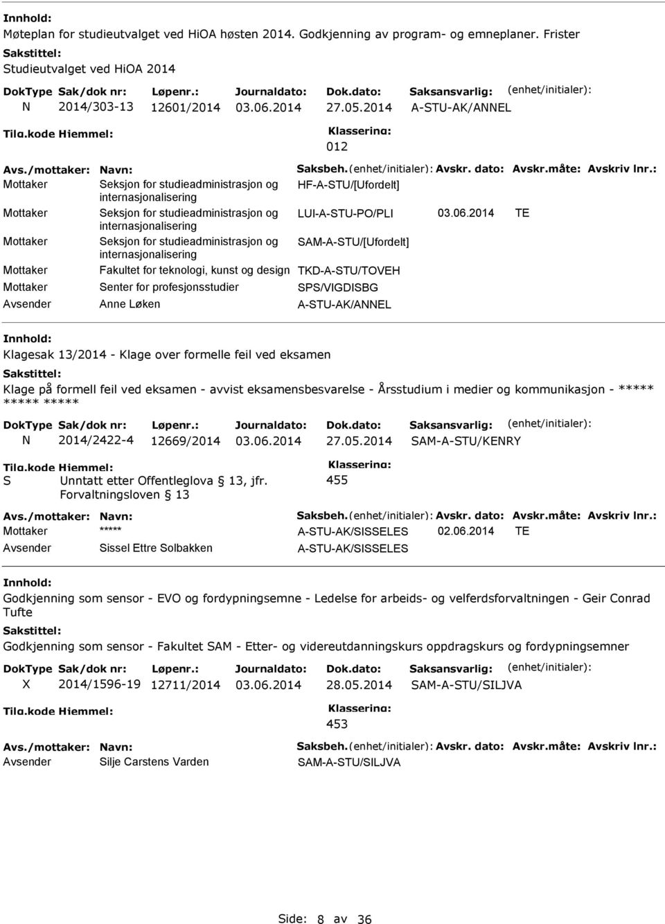 Seksjon for studieadministrasjon og SAM-A-ST/[fordelt] internasjonalisering Mottaker Fakultet for teknologi, kunst og design TKD-A-ST/TOVEH Mottaker Senter for profesjonsstudier SPS/VGDSBG Anne Løken