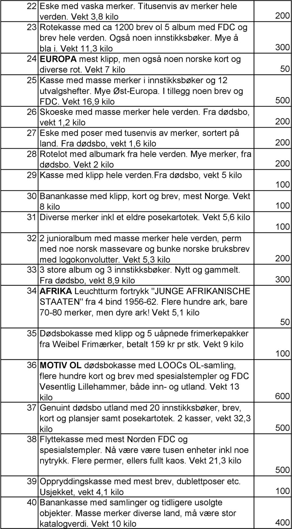 I tillegg noen brev og FDC. Vekt 16,9 kilo 500 26 Skoeske med masse merker hele verden. Fra dødsbo, vekt 1,2 kilo 200 27 Eske med poser med tusenvis av merker, sortert på land.