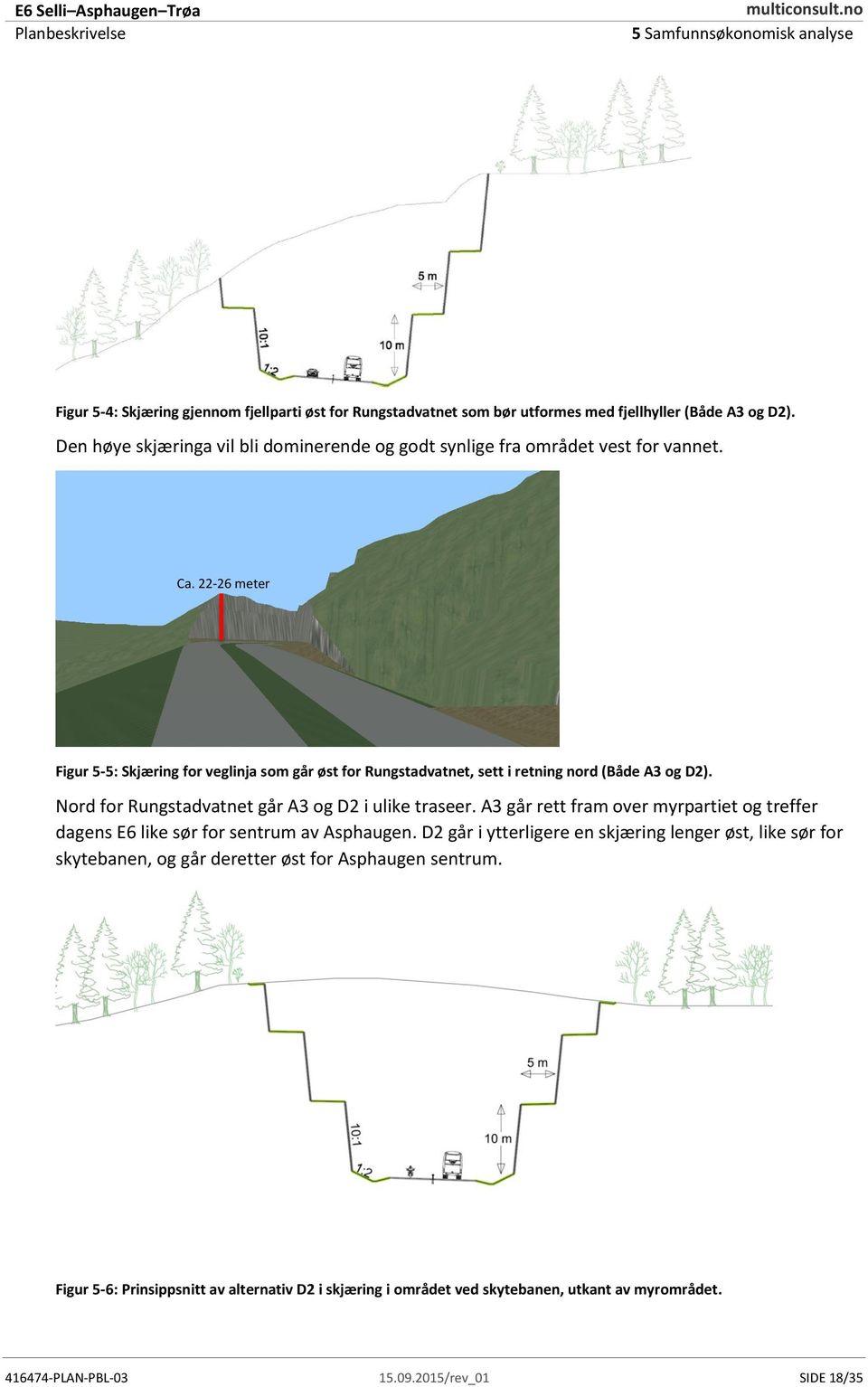 22-26 meter Figur 5-5: Skjæring for veglinja som går øst for Rungstadvatnet, sett i retning nord (Både A3 og D2). Nord for Rungstadvatnet går A3 og D2 i ulike traseer.