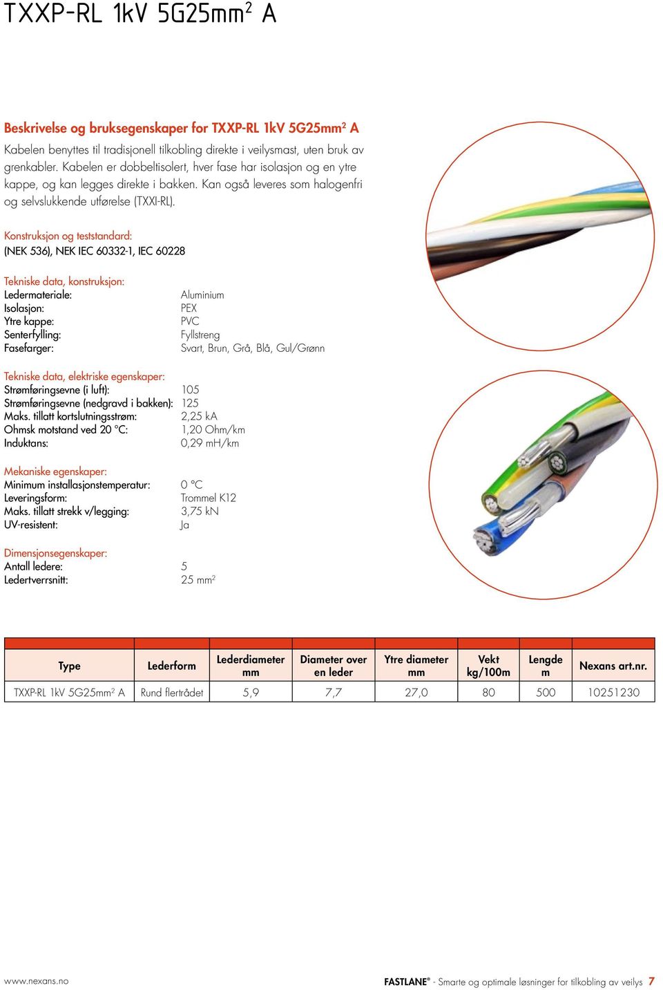 Konstruksjon og teststandard: (NEK 536), NEK IEC 60332-1, IEC 60228 Tekniske data, konstruksjon: Ledermateriale: Isolasjon: Ytre kappe: Senterfylling: Fasefarger: Aluminium PEX PVC Fyllstreng Svart,