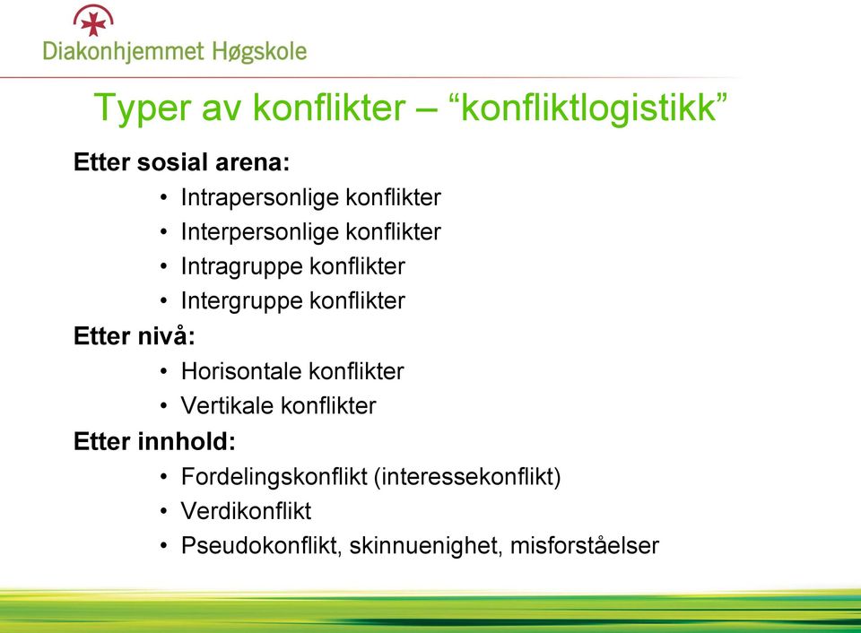 konflikter Etter nivå: Horisontale konflikter Vertikale konflikter Etter innhold: