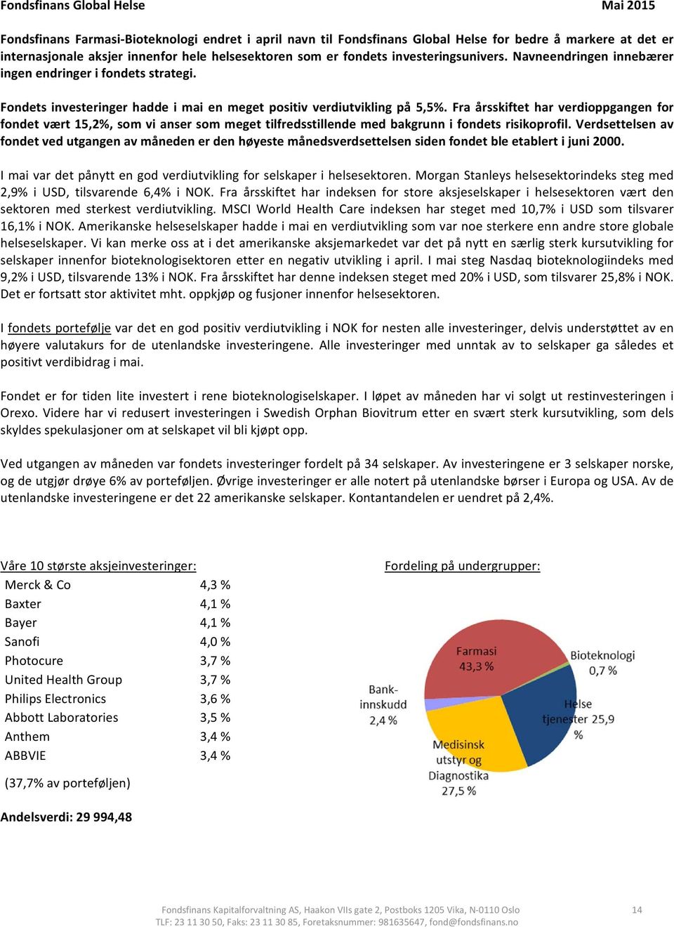 Fra årsskiftet har verdioppgangen for fondet vært 15,2%, som vi anser som meget tilfredsstillende med bakgrunn i fondets risikoprofil.