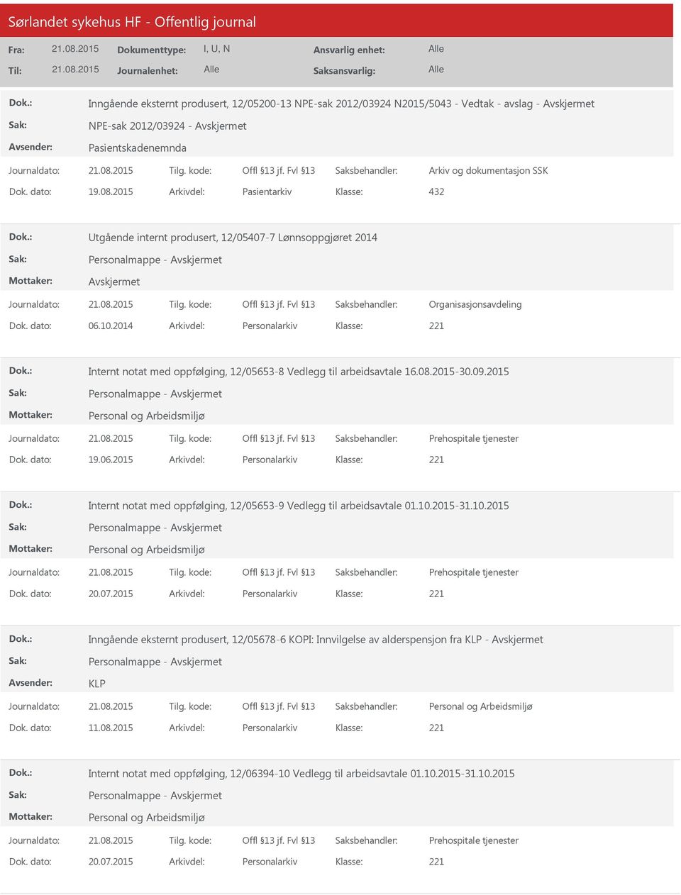 2014 Arkivdel: Personalarkiv Internt notat med oppfølging, 12/05653-8 Vedlegg til arbeidsavtale 16.08.2015-30.09.2015 Personalmappe - Prehospitale tjenester Dok. dato: 19.06.