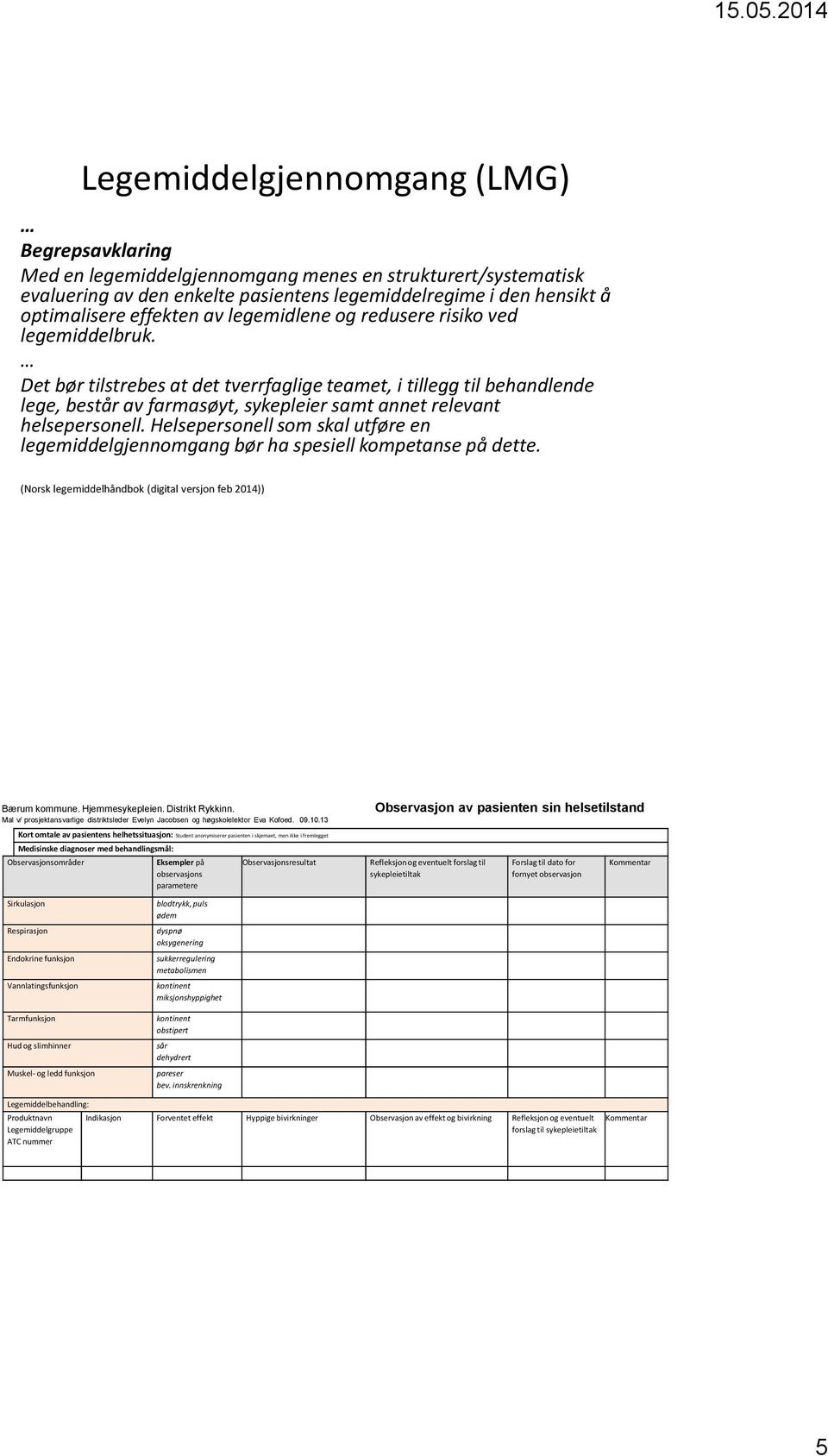 Helsepersonell som skal utføre en legemiddelgjennomgang bør ha spesiell kompetanse på dette. (Norsk legemiddelhåndbok (digital versjon feb 2014)) Bærum kommune. Hjemmesykepleien. Distrikt Rykkinn.