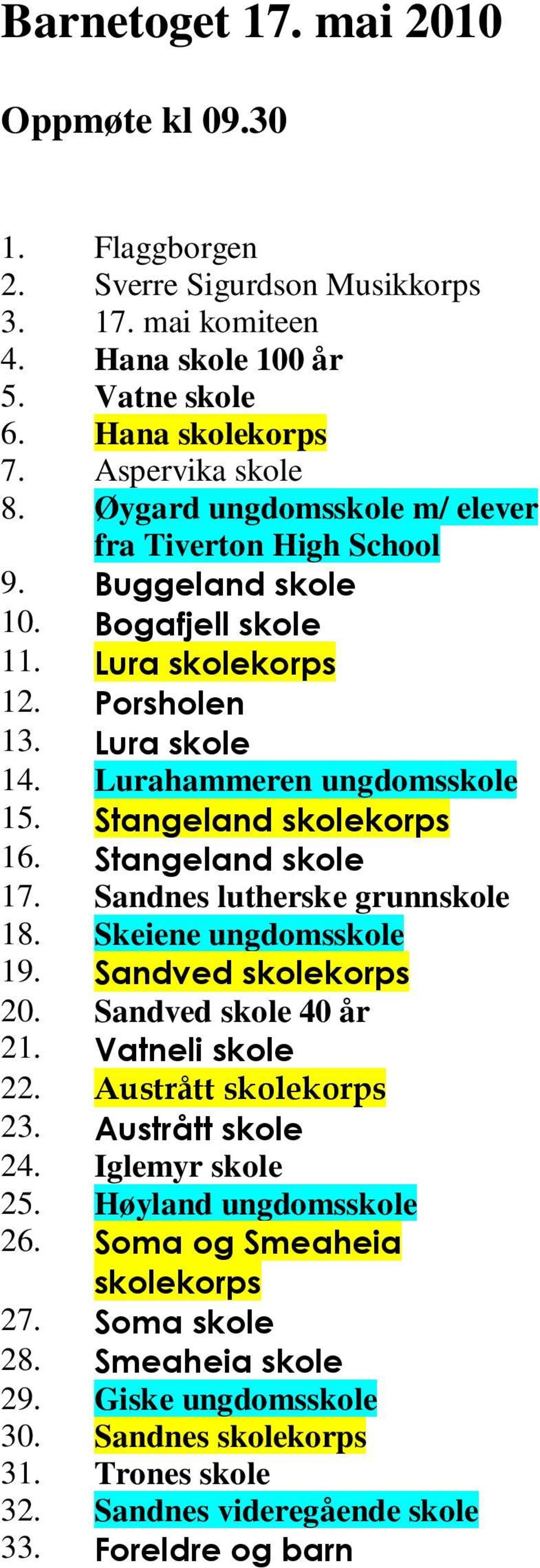 Stangeland skolekorps 16. Stangeland skole 17. Sandnes lutherske grunnskole 18. Skeiene ungdomsskole 19. Sandved skolekorps 20. Sandved skole 40 år 21. Vatneli skole 22. Austrått skolekorps 23.