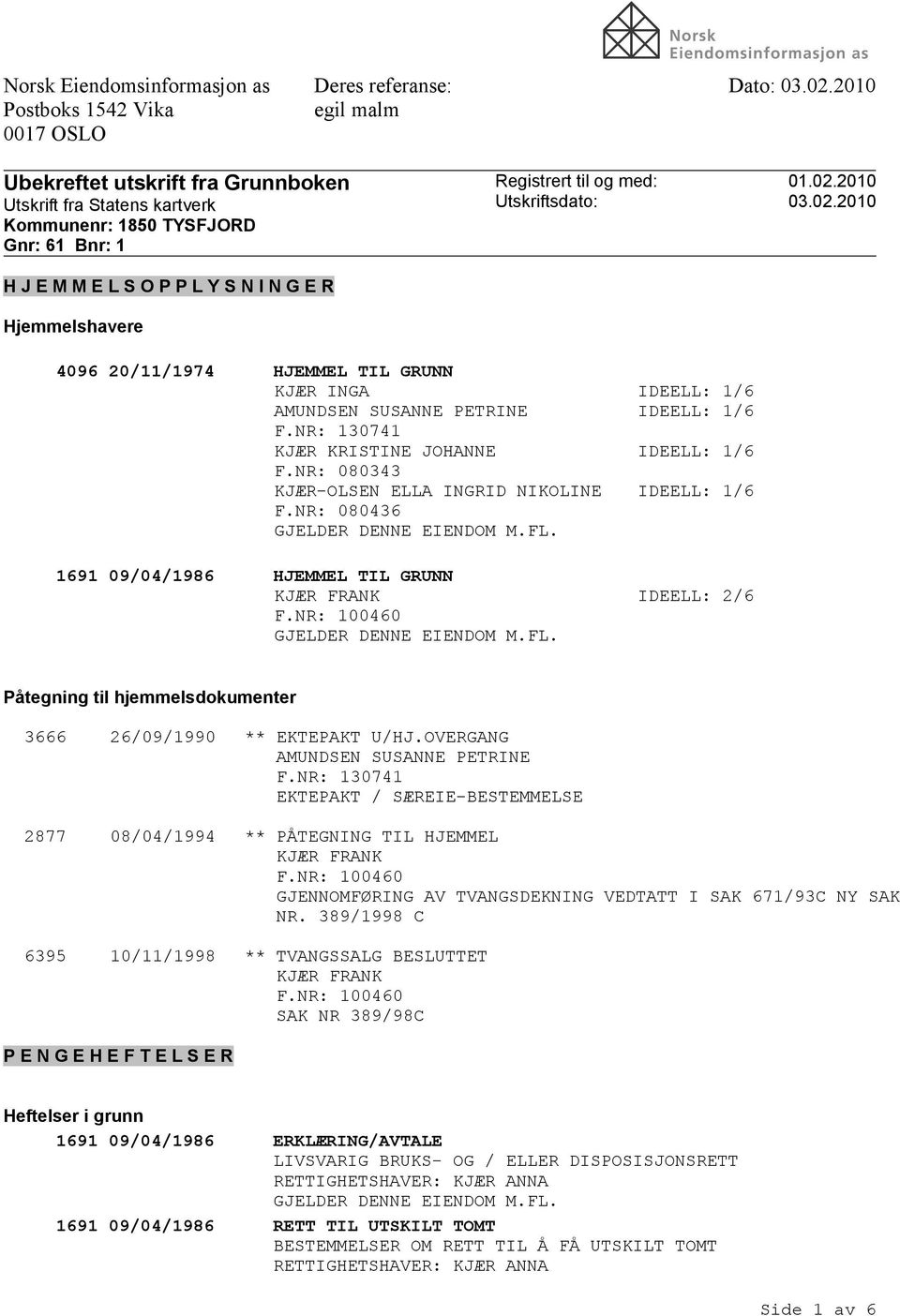 NR: 080343 KJÆR-OLSEN ELLA INGRID NIKOLINE IDEELL: 1/6 F.NR: 080436 1691 09/04/1986 HJEMMEL TIL GRUNN IDEELL: 2/6 Påtegning til hjemmelsdokumenter 3666 26/09/1990 ** EKTEPAKT U/HJ.