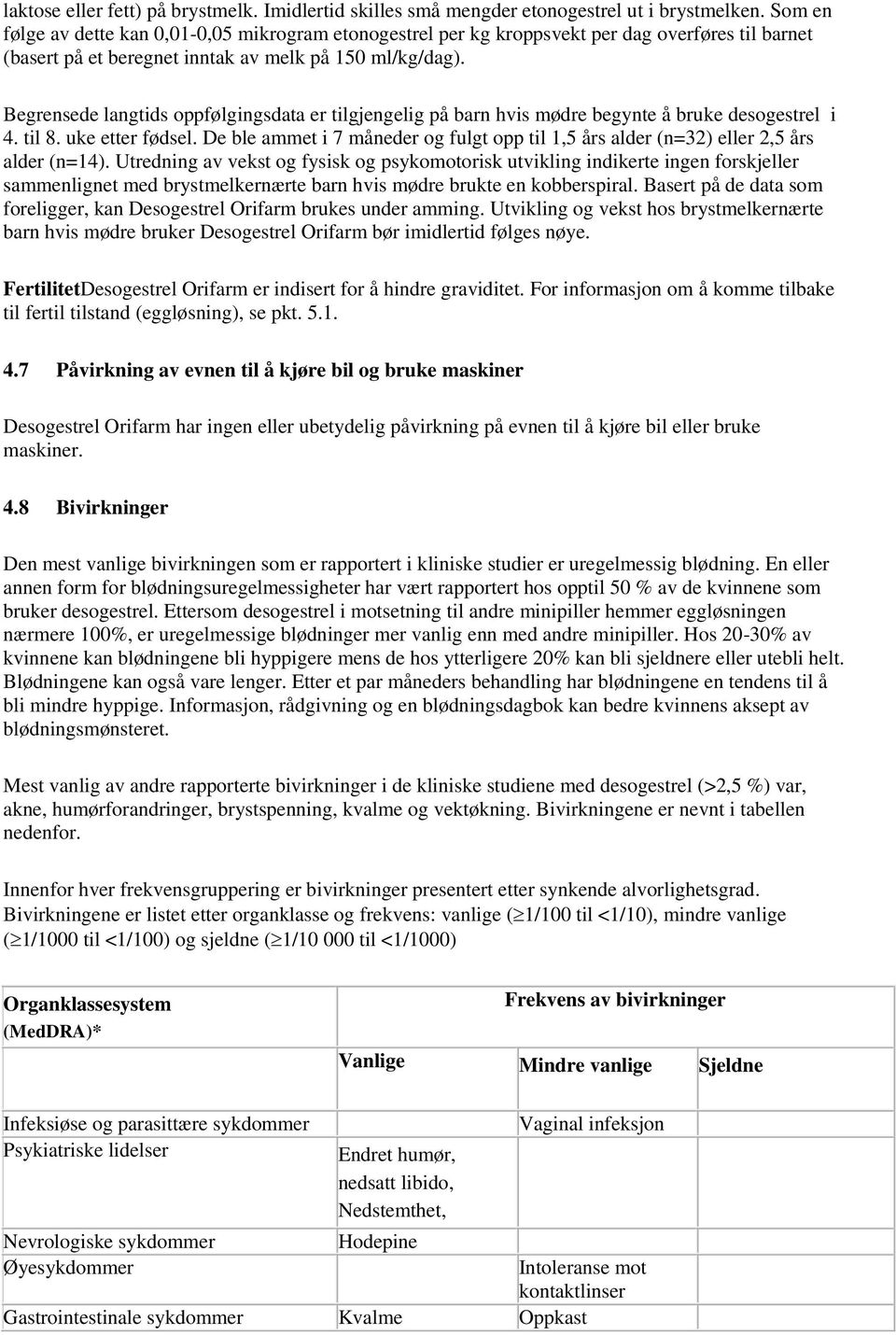 Begrensede langtids oppfølgingsdata er tilgjengelig på barn hvis mødre begynte å bruke desogestrel i 4. til 8. uke etter fødsel.