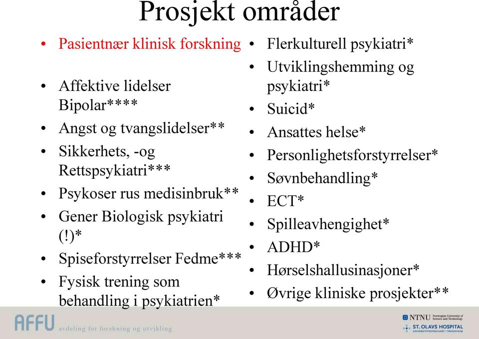 )* Spiseforstyrrelser Fedme*** Fysisk trening som behandling i psykiatrien* Flerkulturell psykiatri* Utviklingshemming