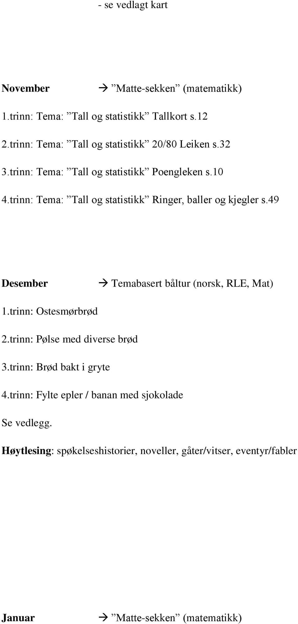 49 Desember Temabasert båltur (norsk, RLE, Mat) 1.trinn: Ostesmørbrød 2.trinn: Pølse med diverse brød 3.