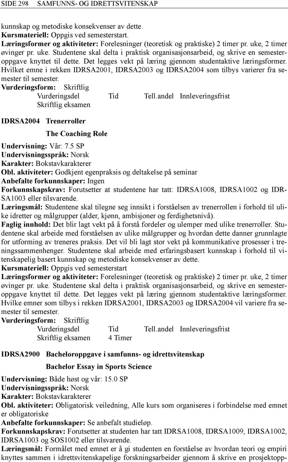 Hvilket emne i rekken IDRSA2001, IDRSA2003 og IDRSA2004 som tilbys varierer fra semester til semester.