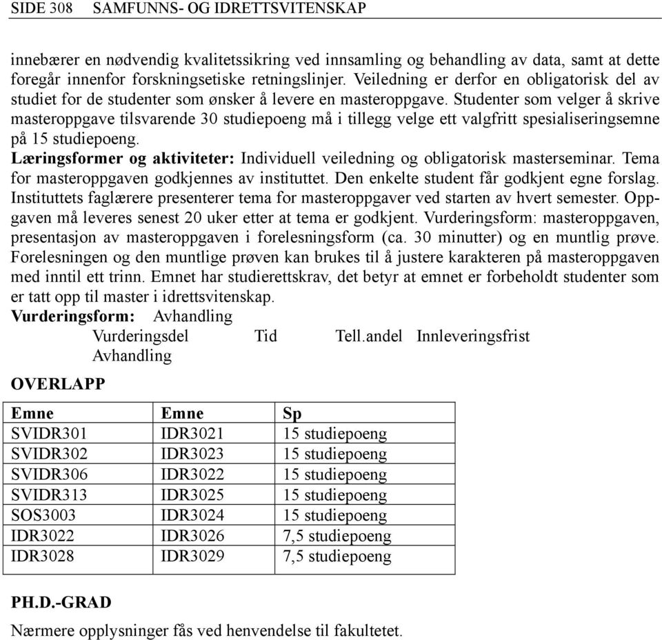 Studenter som velger å skrive masteroppgave tilsvarende 30 studiepoeng må i tillegg velge ett valgfritt spesialiseringsemne på 15 studiepoeng.