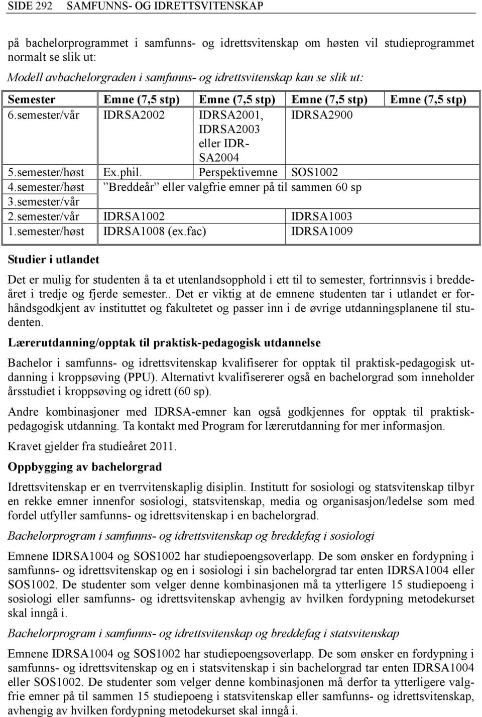 semester/høst Breddeår eller valgfrie emner på til sammen 60 sp 3.semester/vår 2.semester/vår IDRSA1002 IDRSA1003 1.semester/høst IDRSA1008 (ex.