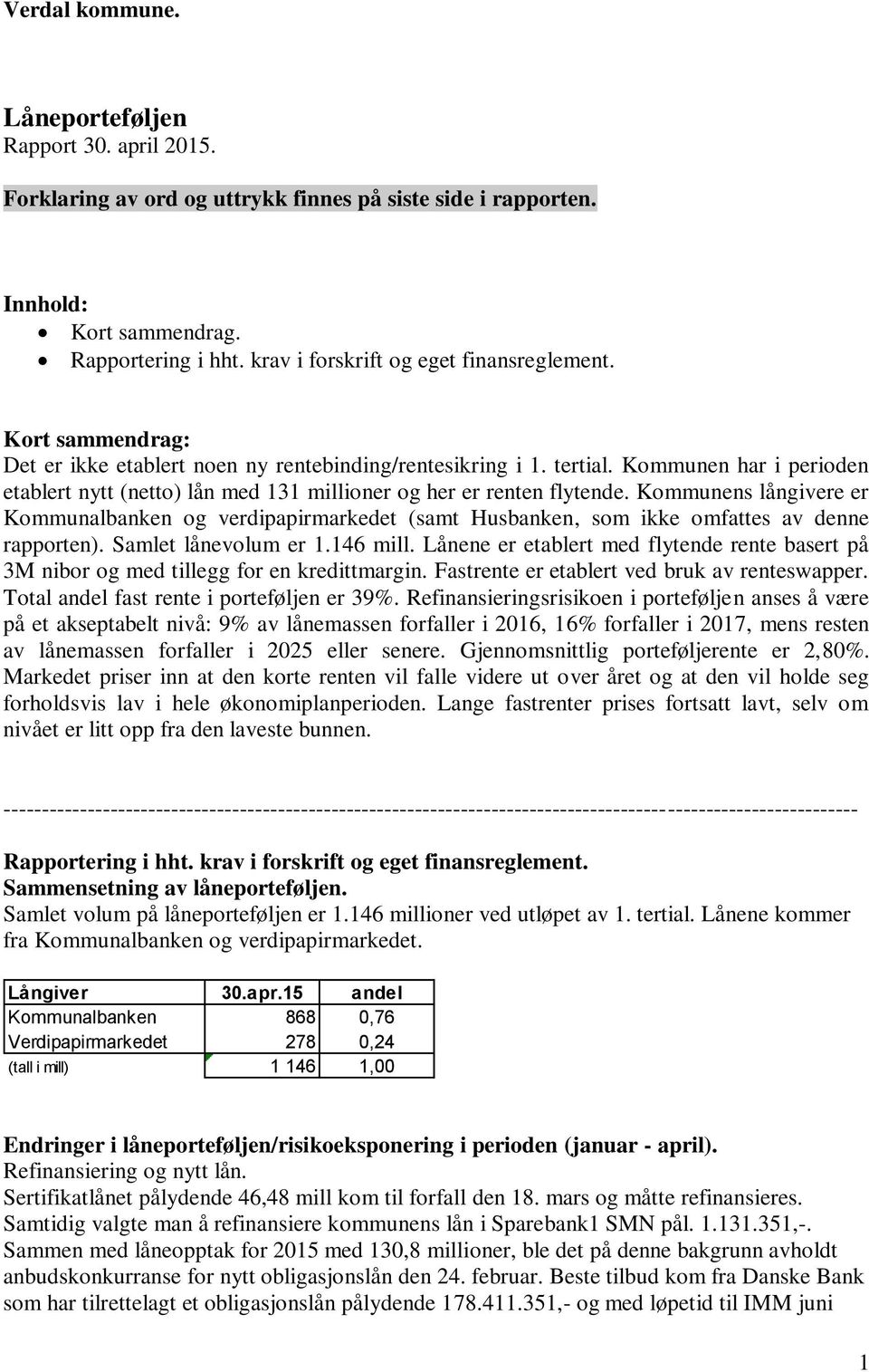 Kommunen har i perioden etablert nytt (netto) lån med 131 millioner og her er renten flytende.