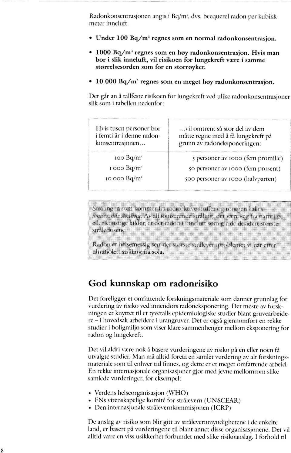 Det går an å tallfeste risikoen for lungekreft ved ulike radonkonsentrasjoner slik som i tabellen nedenfor: Hvis tusen personer bor i femti år i denne radonkonsentrasjonen.