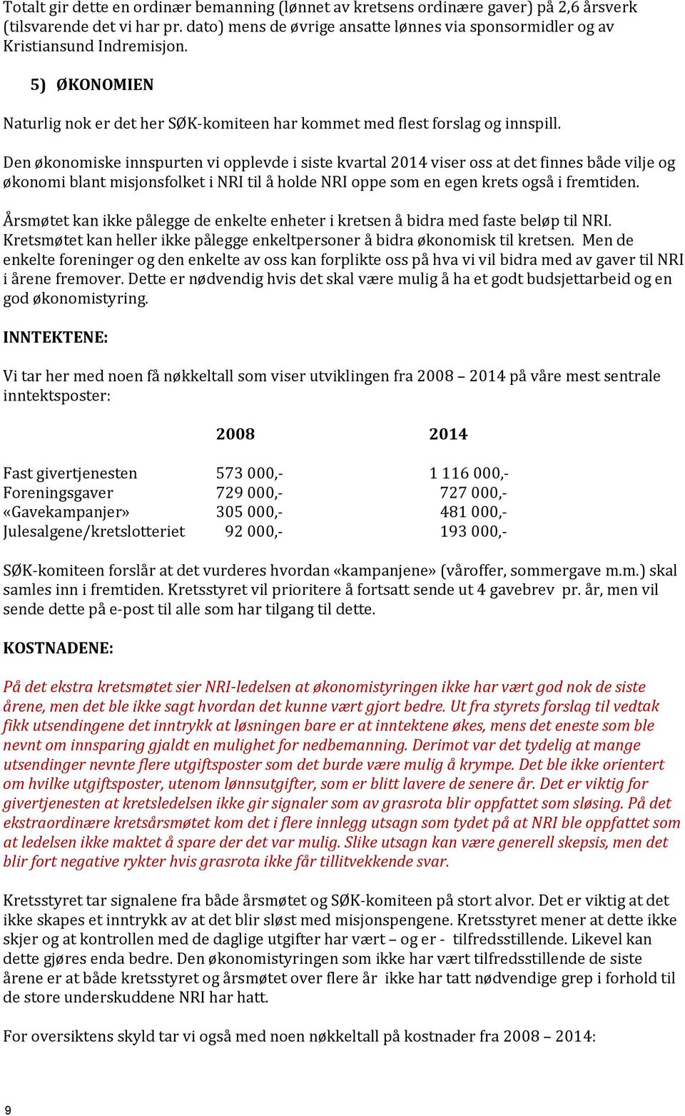 Den økonomiske innspurten vi opplevde i siste kvartal 2014 viser oss at det finnes både vilje og økonomi blant misjonsfolket i NRI til å holde NRI oppe som en egen krets også i fremtiden.