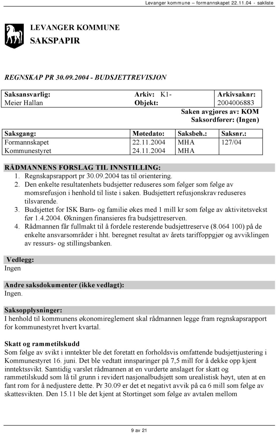 2004 MHA 127/04 Kommunestyret 24.11.2004 MHA RÅDMANNENS FORSLAG TIL INNSTILLING: 1. Regnskapsrapport pr 30.09.2004 tas til orientering. 2. Den enkelte resultatenhets budsjetter reduseres som følger som følge av momsrefusjon i henhold til liste i saken.