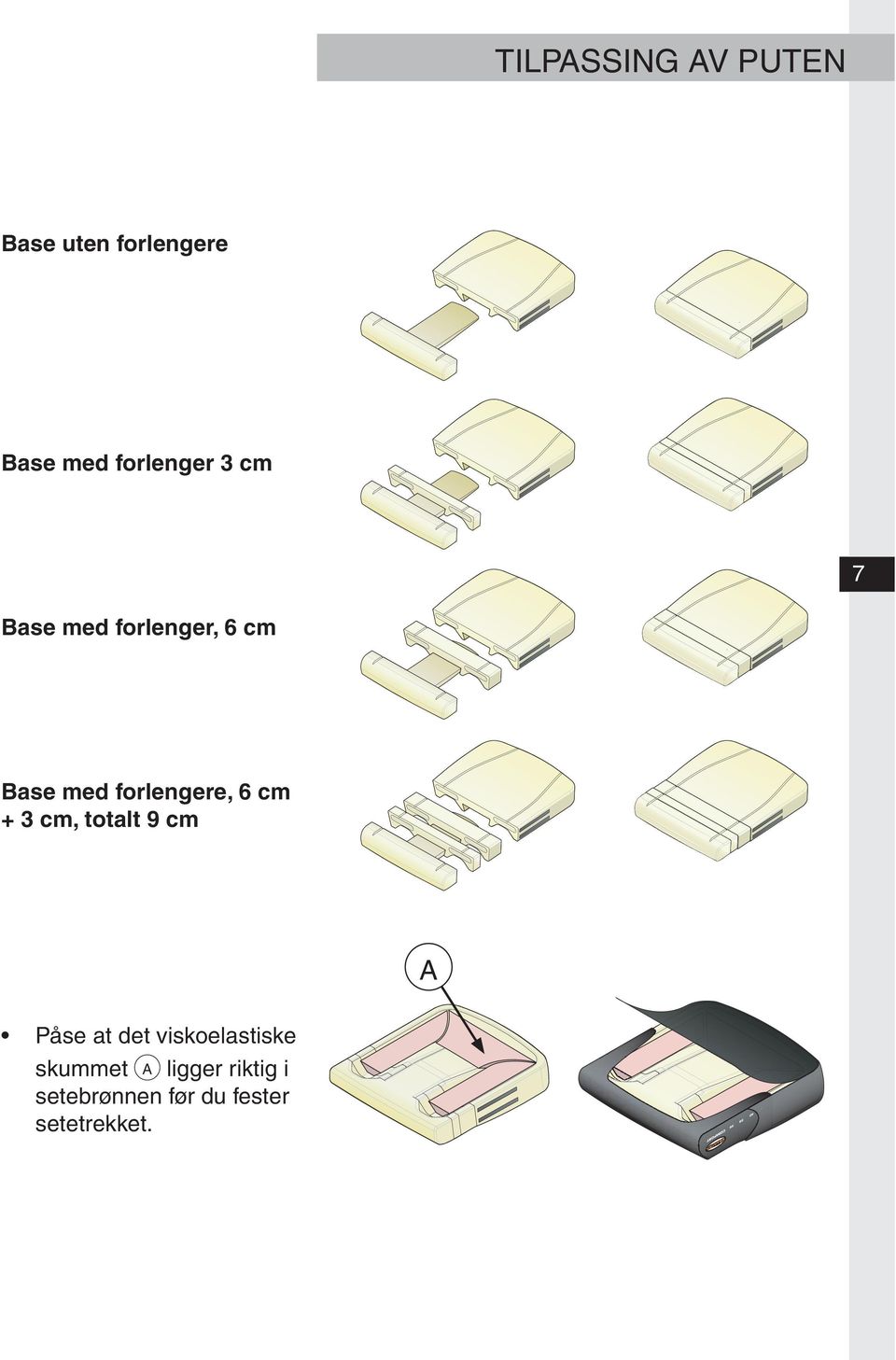 forlengere, 6 cm + 3 cm, totalt 9 cm A Påse at det