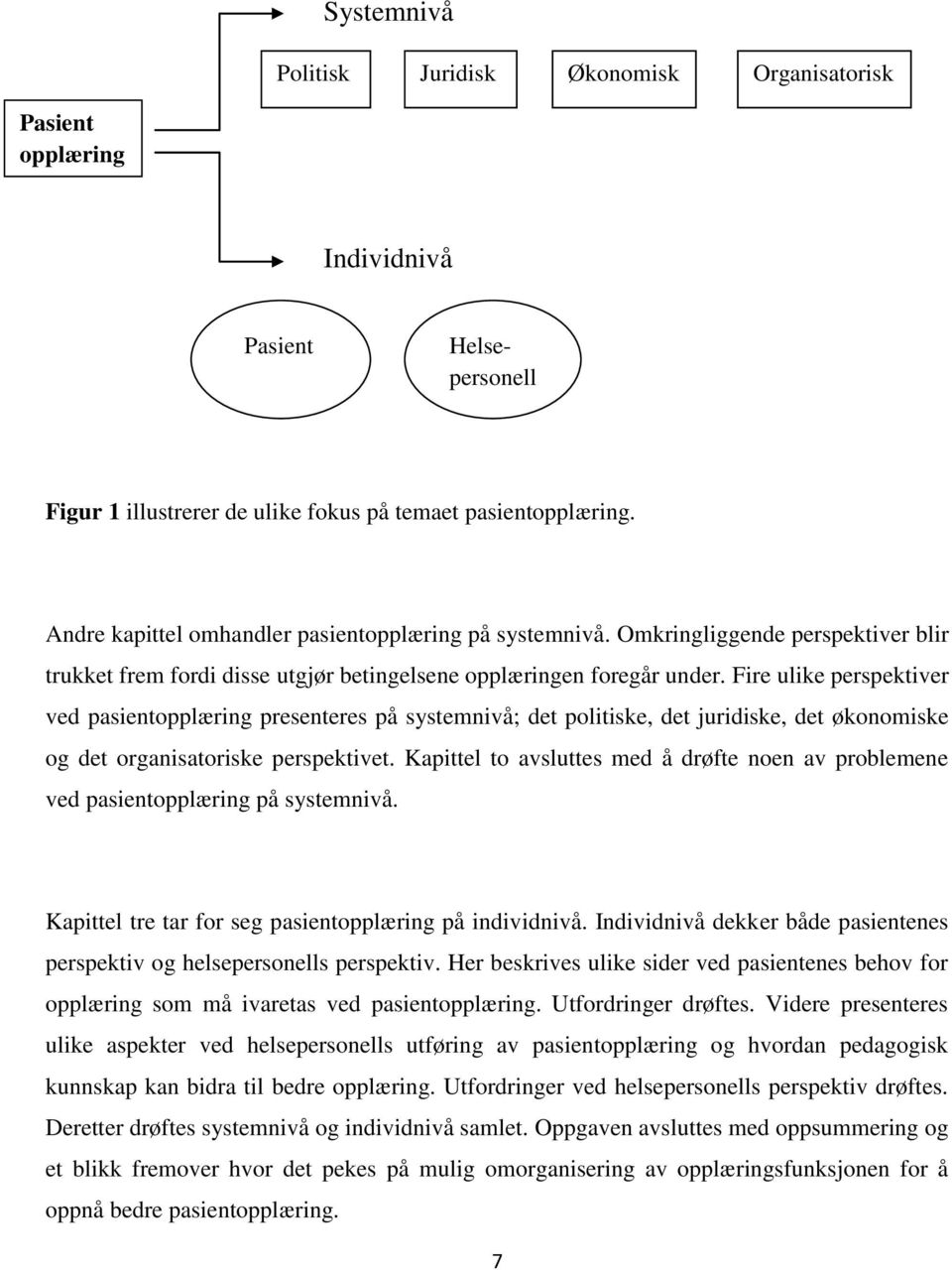 Fire ulike perspektiver ved pasientopplæring presenteres på systemnivå; det politiske, det juridiske, det økonomiske og det organisatoriske perspektivet.