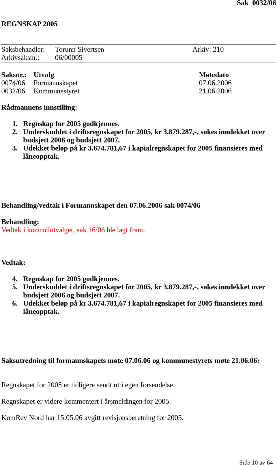 781,67 i kapialregnskapet for 2005 finansieres med låneopptak. Behandling/vedtak i Formannskapet den 07.06.2006 sak 0074/06 Vedtak i kontrollutvalget, sak 16/06 ble lagt fram. 4.