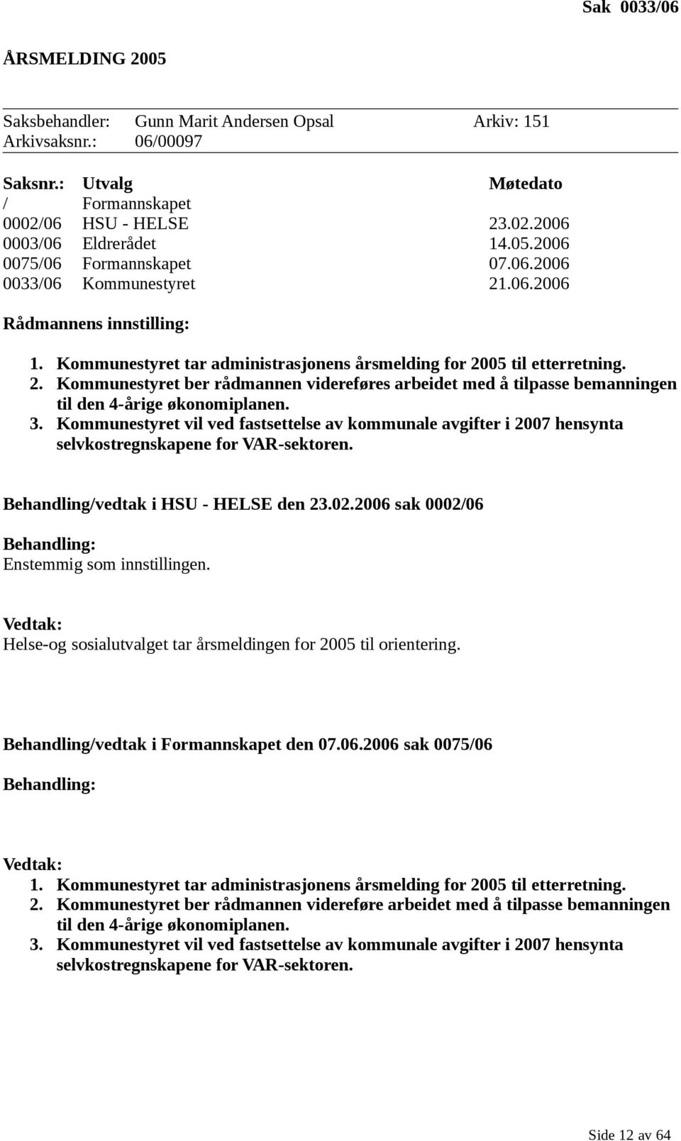 3. Kommunestyret vil ved fastsettelse av kommunale avgifter i 2007 hensynta selvkostregnskapene for VAR-sektoren. Behandling/vedtak i HSU - HELSE den 23.02.