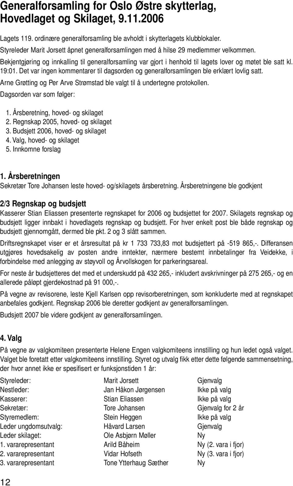 19:01. Det var ingen kommentarer til dagsorden og generalforsamlingen ble erklært lovlig satt. Arne Grøtting og Per Arve Strømstad ble valgt til å undertegne protokollen. Dagsorden var som følger: 1.