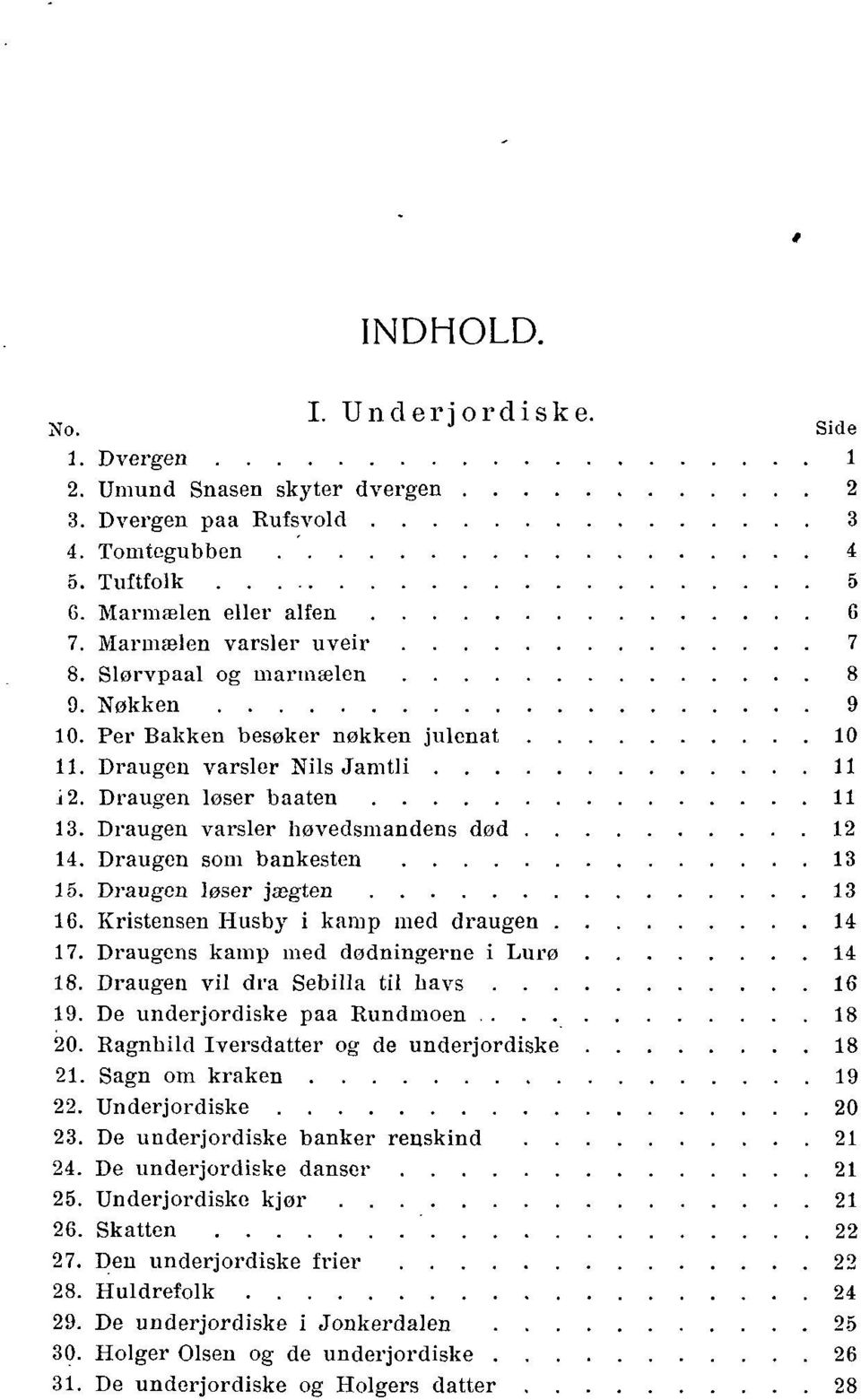 Draugen som bankesten 13 15. Draugen løser jægten 13 16. Kristensen Husby i kamp med draugen 14 17. Draugens kamp med dødningerne i Lurø 14 18. Draugen vil dra Sebilla til havs 16 19.