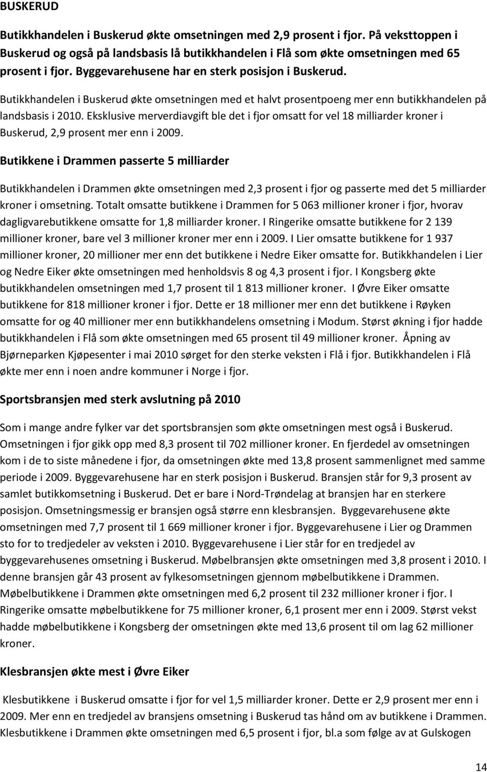 Eksklusive merverdiavgift ble det i fjor omsatt for vel 18 milliarder kroner i Buskerud, 2,9 prosent mer enn i 2009.