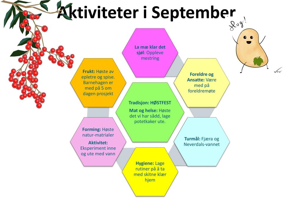 ute med vann Tradisjon: HØSTFEST Mat og helse: Høste det vi har sådd, lage potetkaker ute.