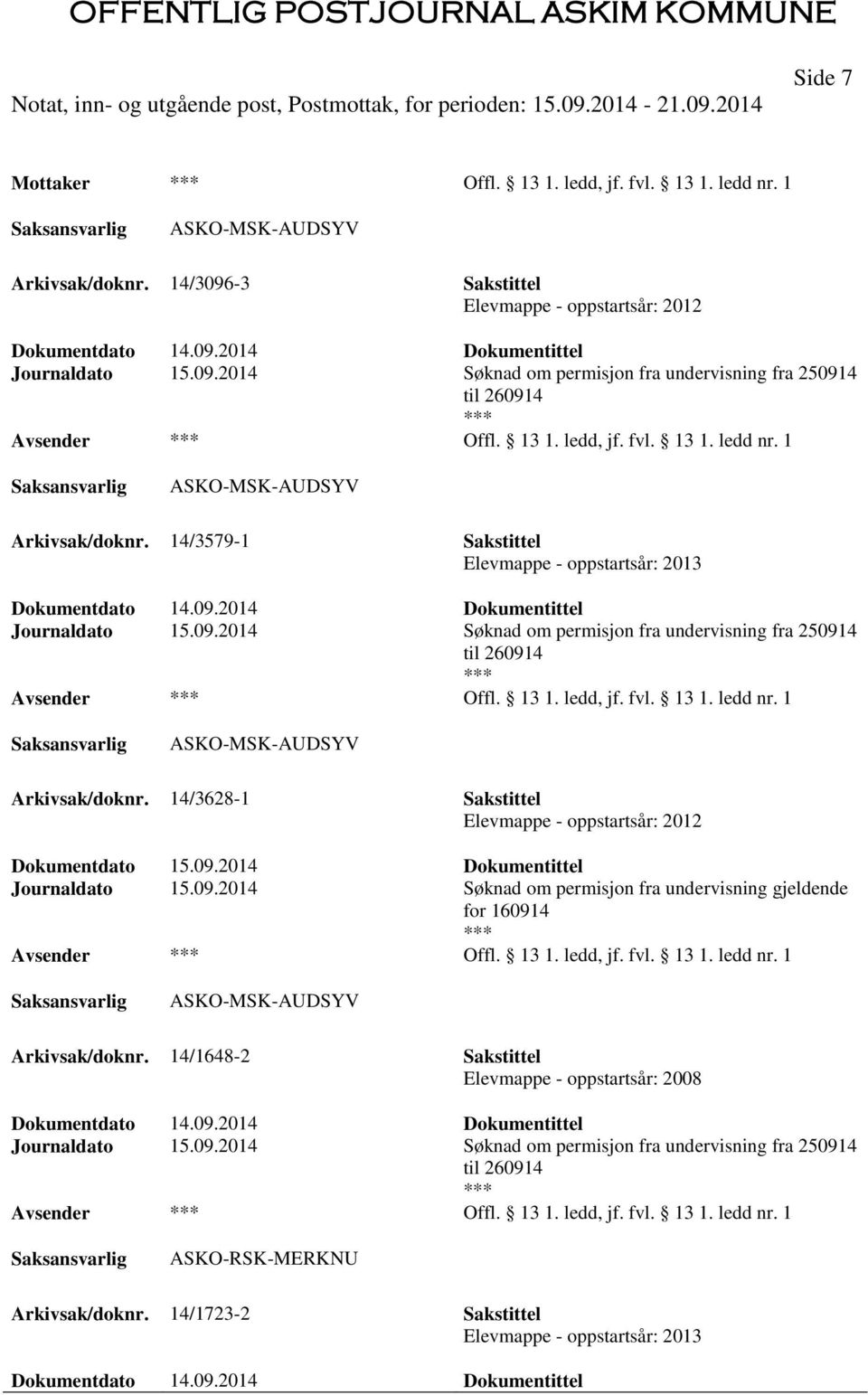 2014 Dokumentittel Journaldato 15.09.2014 Søknad om permisjon fra undervisning fra 250914 til 260914 Offl. 13 1. ledd, jf. fvl. 13 1. ledd nr. 1 ASKO-MSK-AUDSYV Arkivsak/doknr.