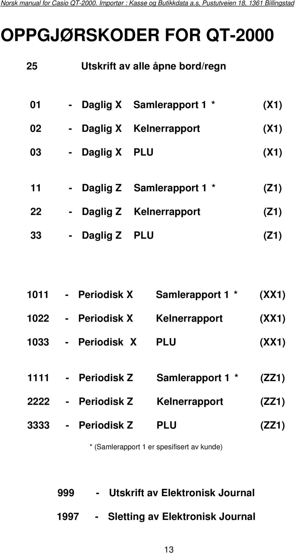 1022 - Periodisk X Kelnerrapport (XX1) 1033 - Periodisk X PLU (XX1) 1111 - Periodisk Z Samlerapport 1 * (ZZ1) 2222 - Periodisk Z Kelnerrapport